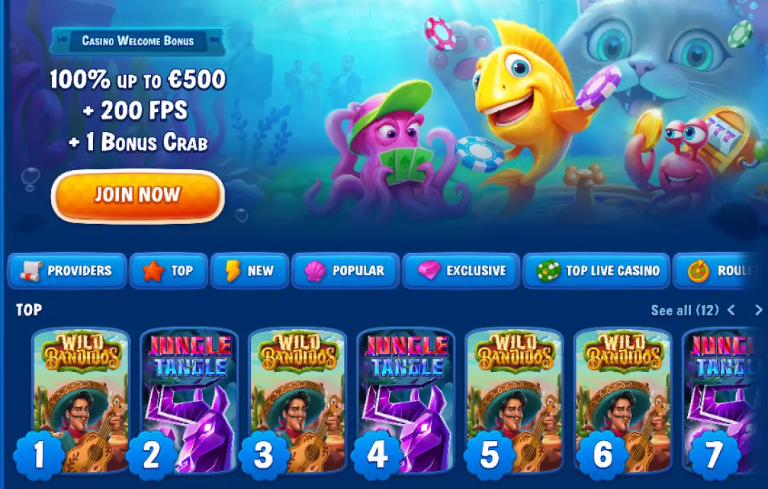 Χαρούμενο ψάρι, χταπόδι και κάβουρας παίζουν με μάρκες καζίνο κάτω από τη θάλασσα, σε μια πολύχρωμη σκηνή γεμάτη ενέργεια και διασκέδαση.